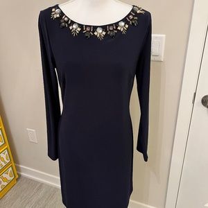 Vince Camuto Navy Long Sleeve Jersey Shift Dress with Embellished Neckline 12